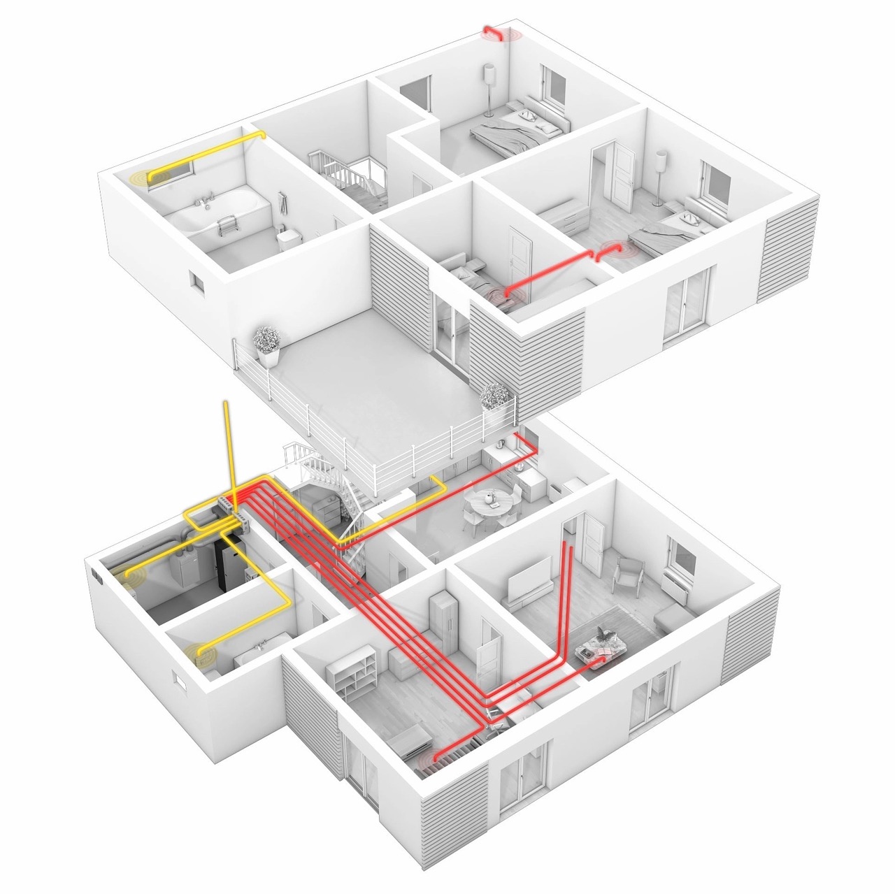 Pohled na zbrusu novou rekuperaci upevněnou ke dřevěným trámům stropu.